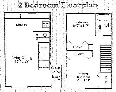 Floor plan for 2 beds, 1 bath, 987 sqft